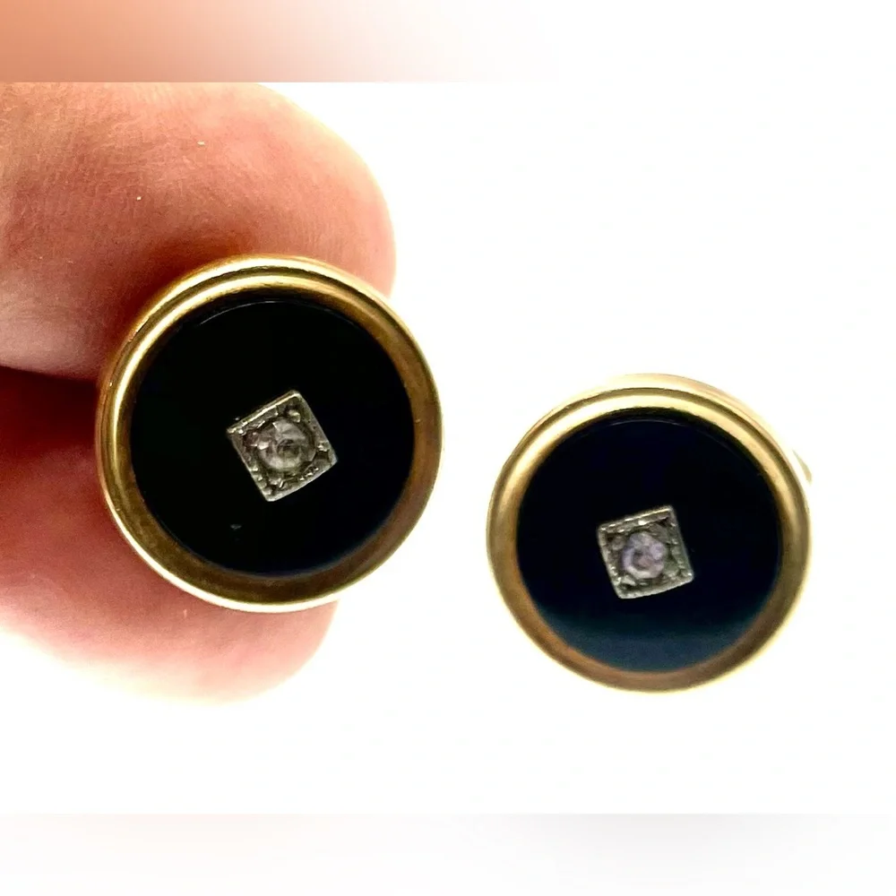 Vintage Gold Tone Cufflinks Black Lucite with Faceted Crystal Center